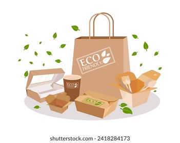 Conjunto de ilustraciones vectoriales de envases alimentarios ecológicos. taza desechable, tenedores de papel y cucharas, paquete de pasteles. Hojas verdes sobre el fondo. Ecología, reciclado, concepto de embalaje 