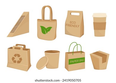 Eco-friendly food packaging vector illustration set. Disposable cup, paper bag, sandwich pack, recyclable packaging. Ecology, recycling, packaging concept