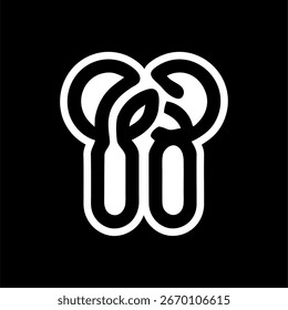 Eco-Friendly Fork and Spoon Icon in Black and White. Minimalist black and white icon of crossed fork and spoon with leaves. Ideal for organic food, eco restaurant logos, healthy eating, 
