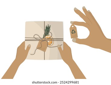 Eco-Friendly Gift Exchange Illustration. Two hands exchanging a wrapped gift with a recycling tag attached. This image represents eco-friendly and sustainable gift-giving. Sustainable gift concept