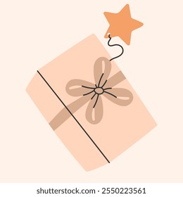 Paquete de regalo ecológico. Caja con papel artesanal. Presente de Festiva decorado con lazo de cinta y etiqueta vacía. Navidades y concepto de año Nuevo. Estilo de moda dibujado a mano. Ilustración vectorial EPS10