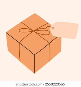 Paquete de regalo ecológico. Caja con papel artesanal. Presente de Festiva decorado con lazo de cinta y etiqueta vacía. Navidades y concepto de año Nuevo. Estilo de moda dibujado a mano. Ilustración vectorial EPS10