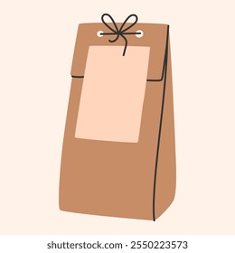 Paquete de regalo ecológico. Caja con papel artesanal. Presente de Festiva decorado con lazo de cinta y etiqueta vacía. Navidades y concepto de año Nuevo. Estilo de moda dibujado a mano. Ilustración vectorial EPS10