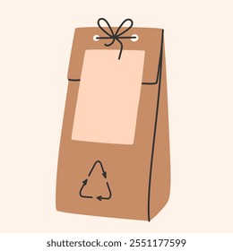 Maqueta de paquete de regalo ecológico. Bolsa de Vertical de papel artesanal. Bolsa de papel para compras de alimentos o comestibles. Reciclaje, ecología, concepto de medio ambiente. Estilo de moda dibujado a mano. Ilustración vectorial EPS10