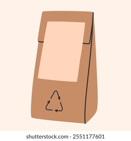 Maqueta de paquete de regalo ecológico. Bolsa de Vertical de papel artesanal. Bolsa de papel para compras de alimentos o comestibles. Reciclaje, ecología, concepto de medio ambiente. Estilo de moda dibujado a mano. Ilustración vectorial EPS10