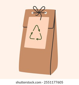 Maqueta de paquete de regalo ecológico. Bolsa de Vertical de papel artesanal. Bolsa de papel para compras de alimentos o comestibles. Reciclaje, ecología, concepto de medio ambiente. Estilo de moda dibujado a mano. Ilustración vectorial EPS10