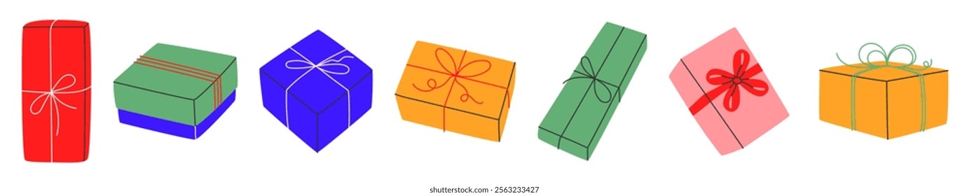 Eco-friendly gift packages set on transparent background.Boxes with ribbon bows seamless line. Christmas,New Year,Birthday,Party,sale concept.Hand-drawn trendy style.Vector illustration EPS10