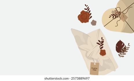 Eco-Friendly Gift Packaging with dried flowers Elements banner. set of sustainable gift wrapping elements. Eco-friendly love, valentine, wedding or birthday. Flat stlye. Vector illustration