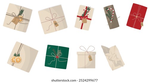 Eco-Friendly Gift Wrapping with Natural Decorations isolated on white background 