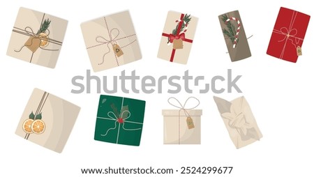 Eco-Friendly Gift Wrapping with Natural Decorations isolated on white background 