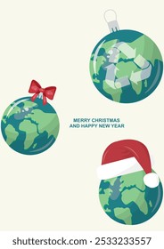 Eco-Friendly Global Christmas Ornaments with Earth Designs. Sustainable christmas poster vector. Green new year season. Sustainable new year illustration. Eco-friendly christmas concept