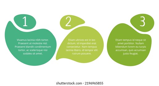 Eco-friendly goals infographic template with 3 steps in green colors and abstract shapes with sample text 