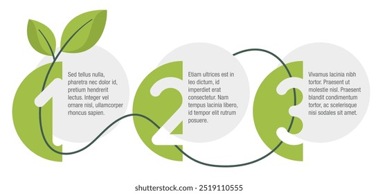 Eco-friendly goals - infographic template with 3 steps in green colors and semicircular organic shapes with sample text 