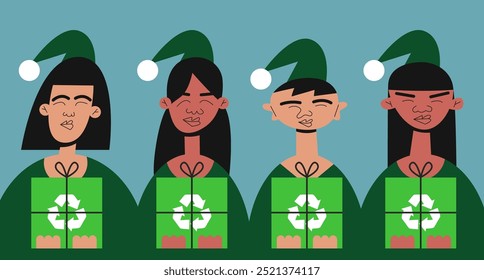Eco-friendly green Boy and Girls Santa Clauses hanging gifts made of recycled materials. Eco-Christmas concept. Sustainable development and technology. Flat vector illustration.