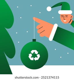 Eco-friendly green Boy Santa Claus hanging gifts made of recycled materials on the Christmas tree. Eco-Christmas concept. Sustainable development and technology. Flat vector illustration.