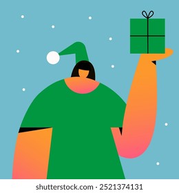 Eco-friendly green Girl Santa Claus holding gifts made of recycled materials. Ideal for use in holiday greeting cards, seasonal advertisements, and festive banners. Flat vector illustration.