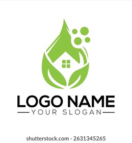 Eco-Friendly Green Home Logo with Water Drop and Leaves	
