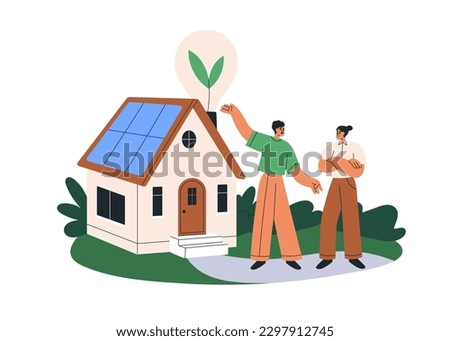 Eco-friendly green home. Smart future building, house with sustainable renewable energy, solar panels. Real estate and ecology, environment. Flat vector illustration isolated on white background