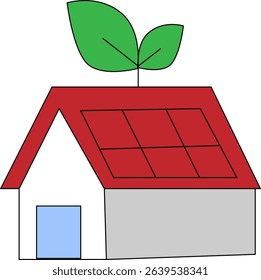 Eco-Friendly Green House Illustration with Solar Panels and Leaf Roof Symbolizing Renewable Energy and Sustainability