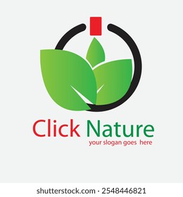 Folha verde ecologicamente correta com o logotipo do botão do clique - A natureza atende à inovação
