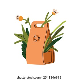 Paquete verde ecológico. Bolsa de cartón de papel ecológico biodegradable. Bolso reciclado del cartón de Kraft. Envoltura y flores reutilizables sostenibles, plantas. Ilustración vectorial plana aislada sobre fondo blanco