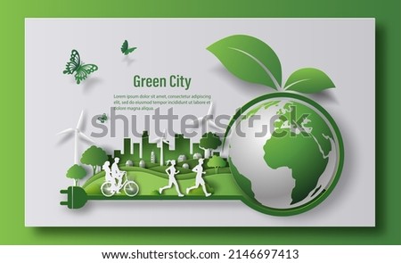 Eco-friendly green plug with earth and leaves on a city background landing page and banner design, paper illustration, and 3d paper.