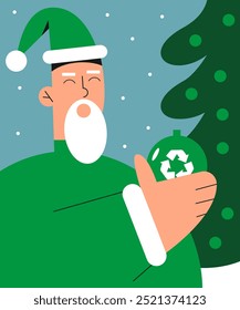 Papá Noel verde respetuoso del medio ambiente colgando regalos hechos de materiales reciclados en el árbol de Navidad. Concepto de eco-Navidad. Desarrollo sostenible y tecnología. Ilustración vectorial plana.