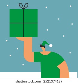 Eco-friendly green Santa Claus hanging Big gifts made of recycled materials on the Christmas tree. Eco-Christmas concept. Sustainable development and technology. Flat vector illustration.