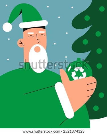 Eco-friendly green Santa Claus hanging gifts made of recycled materials on the Christmas tree. Eco-Christmas concept. Sustainable development and technology. Flat vector illustration.