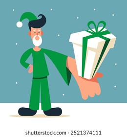 Eco-friendly green Santa Claus holding gifts made of recycled materials. Eco-Christmas concept. Sustainable development and technology. Flat vector illustration.