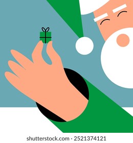 Eco-friendly green Santa Claus holding small gifts made of recycled materials. Eco-Christmas concept. Sustainable development and technology. Flat vector illustration.