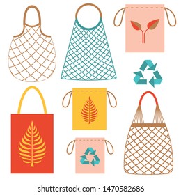 Eco-friendly grocery cloth and string bags set. Zero waste shopping, ecological kit collection with recycling symbol. Colored cotton mesh and net bags, reusable cotton shoppers instead plastic.