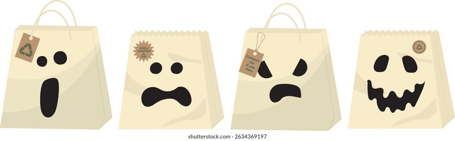 Eco-Friendly Halloween Bags with Spooky Faces. Collection of sustainable paper shopping bags with ghostly expressions and recycling tags. Eco-conscious Halloween celebration. Vector illustration