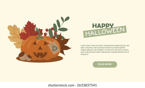 Eco-Friendly Halloween Banner with Recycled Pumpkin Design. Sustainable Halloween web banner. Environmental marketing campaigns. Eco-friendly halloween concept. Flat style. Vector illustration
