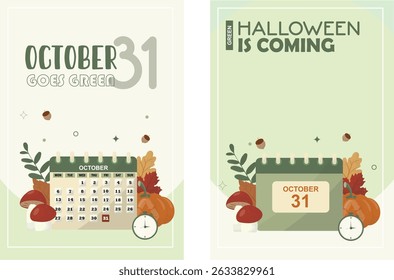 Eco-Friendly Halloween Calendar Templates Set. sustainable Halloween with autumn elements and "Green Halloween" messaging in earth tones. Eco-conscious halloween poster.Flat style. Vector illustration