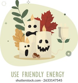 Eco-Friendly Halloween Candle Decoration Natural Energy. Sustainable Halloween candles with spooky faces . Environmentally friendly energy and green celebration ideas. Flat style. Vector illustration