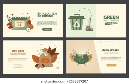 Eco-Friendly Halloween Celebration Design Templates Collection. sustainable Halloween web design mockups featuring zero-waste themes, green celebrations, and eco-conscious autumn holiday messaging. 