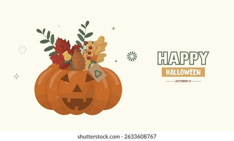 Eco-Friendly Halloween Pumpkin Greeting Card. Sustainable Halloween greeting card. Happy halloween concept. Halloween banner. Pumpkin with recycling tag. Flat style. Vector illustration