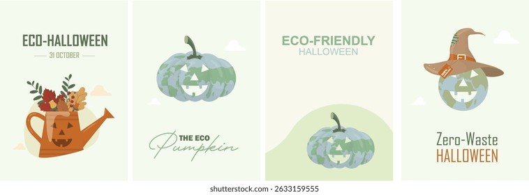 Eco-Friendly Halloween Zero-Waste Celebration Design Elements Collection. eco-Halloween design set. environmentally conscious October celebrations. Sustainable holidays.Flat style. Vector illustration