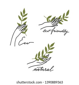 Eco-friendly hand drawn illustration. Hands with plants and hand lettering. Ideal for natural cosmetics branding.