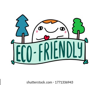 Eco-friendly hand drawn vector illustration in cartoon comuic style man expressive holding heart symbol trees forest around lettering label