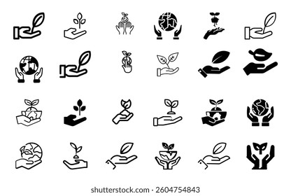 Eco-Friendly Hand Holding Plant Icons Set -  Hands Holding Plants, Earth, Leaves for Eco-Friendly Designs, Green Energy, Nature Conservation, Sustainability, Growth, Environment Symbols