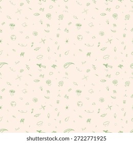 Modelo inconsútil dibujado a mano respetuoso del medio ambiente con los bocetos verdes del doodle de las turbinas eólicas, de los paneles solares, de los símbolos del reciclaje, y de los Elementos de la naturaleza. Fondo minimalista de concepto de energía sostenible y ecología para diseño de empaques orgánicos, de Fondo de pantalla o de tela.