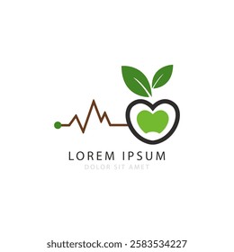 Eco-Friendly Health Concept Logo: Heartbeat Line with Love Shape and Leaf, Isolated on White Background, Vector Illustration