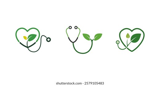 Eco-Friendly Healthcare Icon Set: Stethoscope, Heart, and Leaf Concept. Isolated on White Background