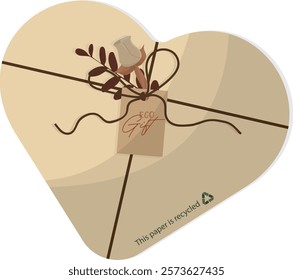 Eco-Friendly Heart Gift Box with dried flowers isolated on white background. Sustainable gift box made from recycled paper. Eco-friendly gift, valentine, birthday or wedding. Vector illustration.