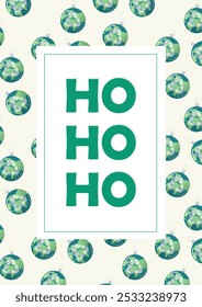 Eco-Friendly Holiday Ornament Design with Recycle Symbol. Sustainable christmas illustration with "ho ho ho" text. Ecdo-friendly Merry christmas poster.