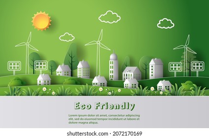 Eco-friendly home with cutting-edge technology, including solar cells and a windmill, paper illustration, and 3d paper.