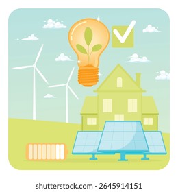 Hogar ecológico alimentado por fuentes de energía renovables, incluidos paneles solares, turbinas eólicas y almacenamiento de energía. Concepto de energía sostenible.