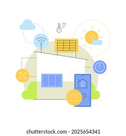 Eco-friendly home. Small building with solar panels. Smart house. Modern flat illustration. Vector file.